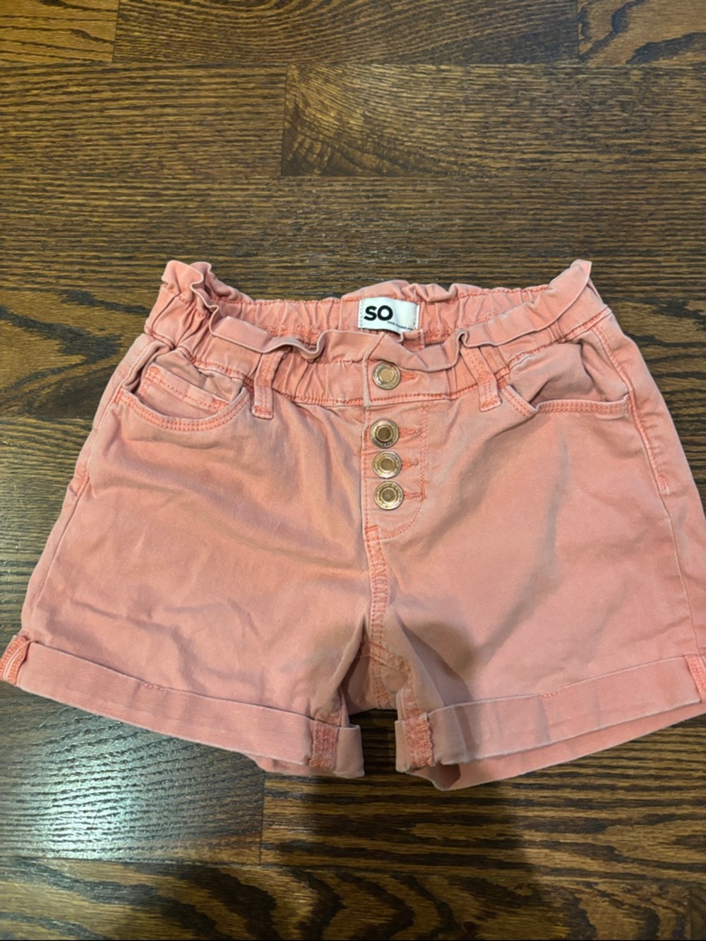 SO High-Waist Ruffled Button-Front Shorts in Coral Pink